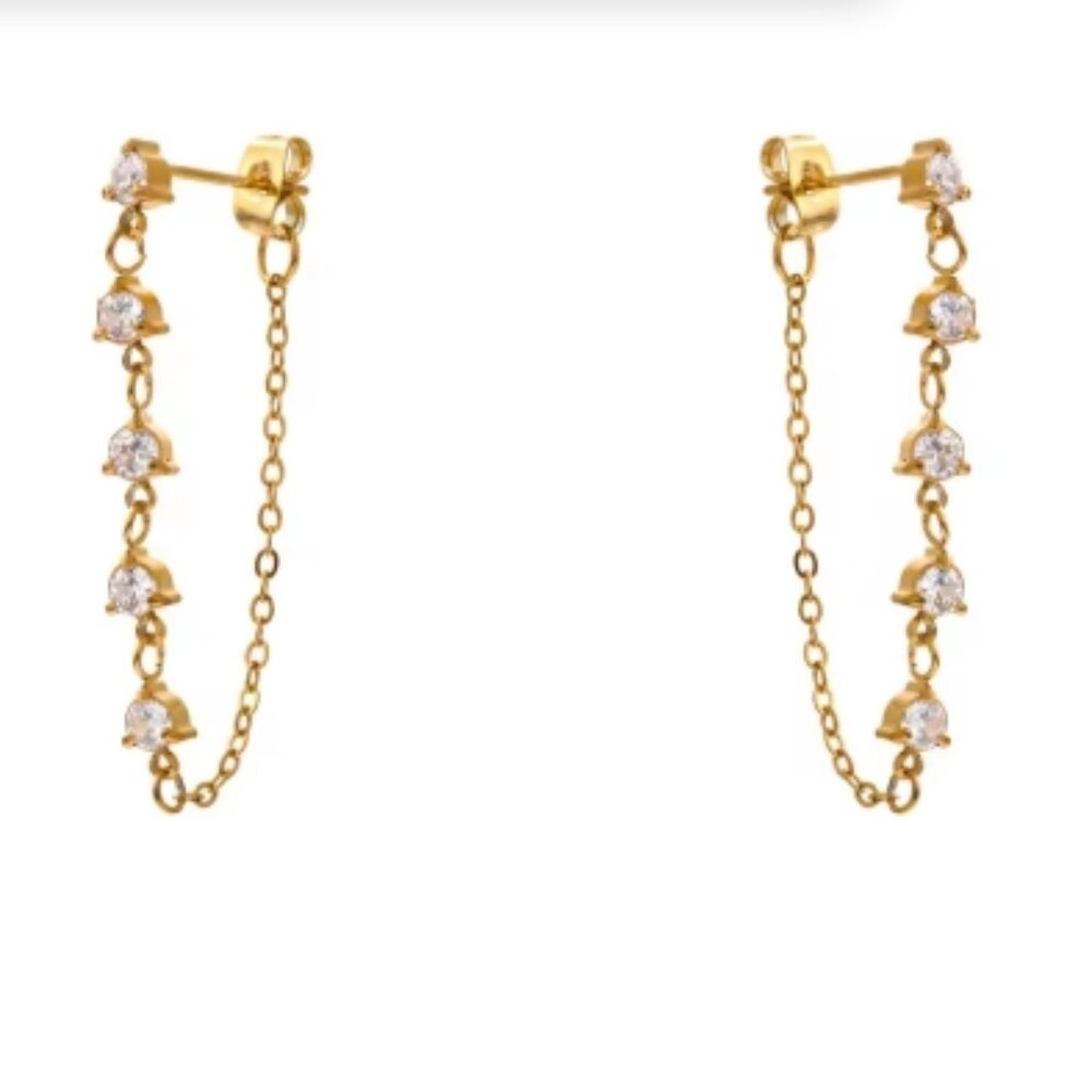 Cubic Zirconia Chain Drop Earrings – Gold Color Stainless Steel
